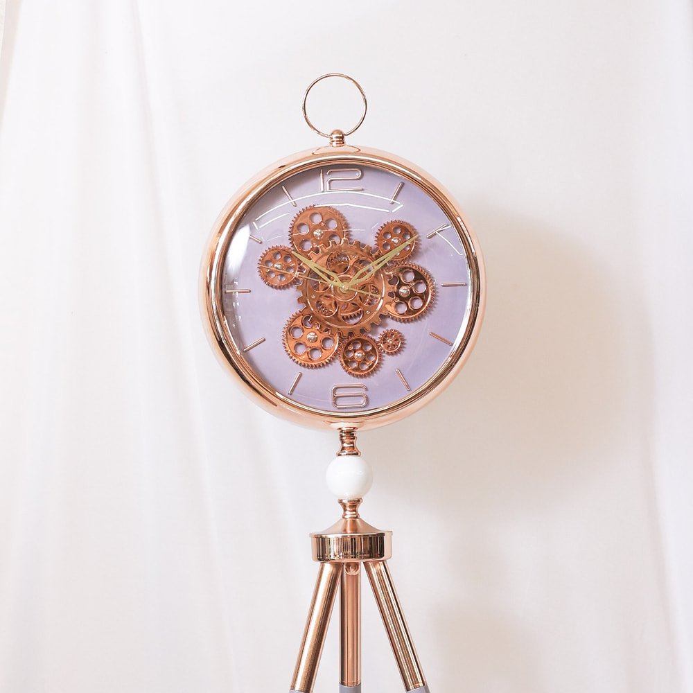 Lavender & Gold Gear-Movement Tripod Clock | Elegant Contemporary Floor Accent - Image 2