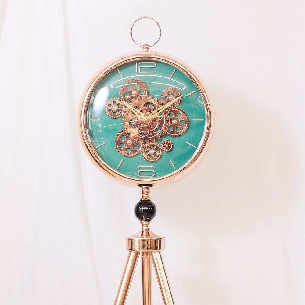 Industrial Gear-Movement Tripod Clock | Modern Teal and Metallic Floor Accent - Image 2