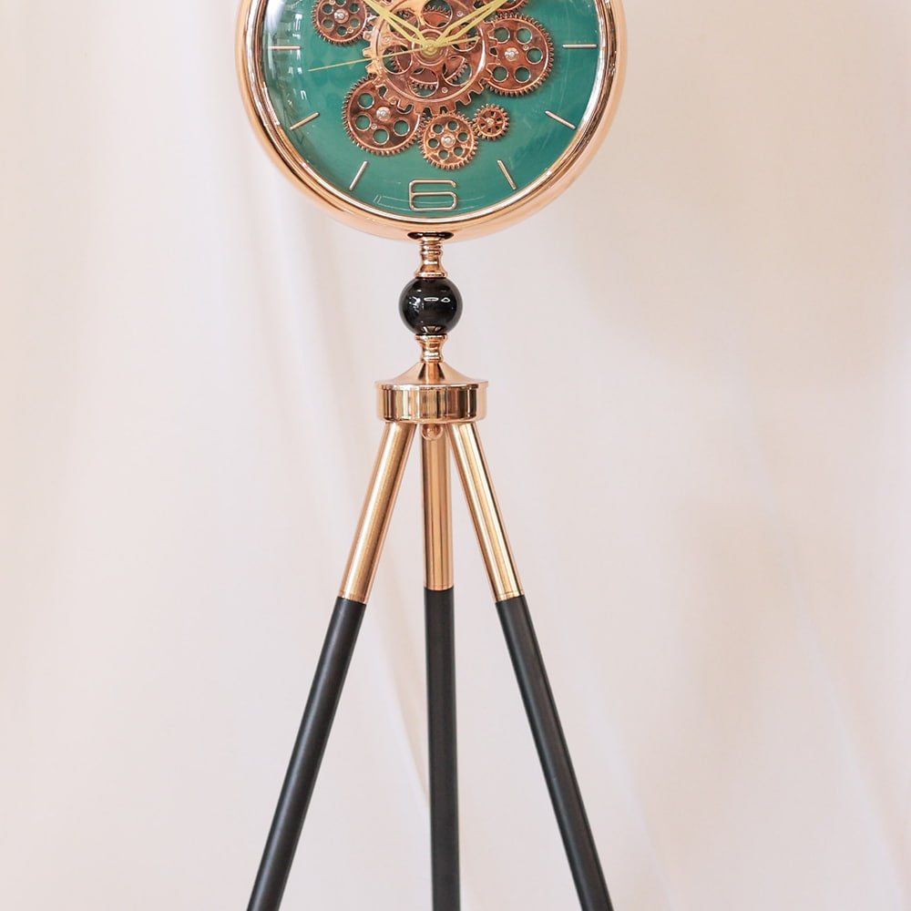 Industrial Gear-Movement Tripod Clock | Modern Teal and Metallic Floor Accent - Image 3