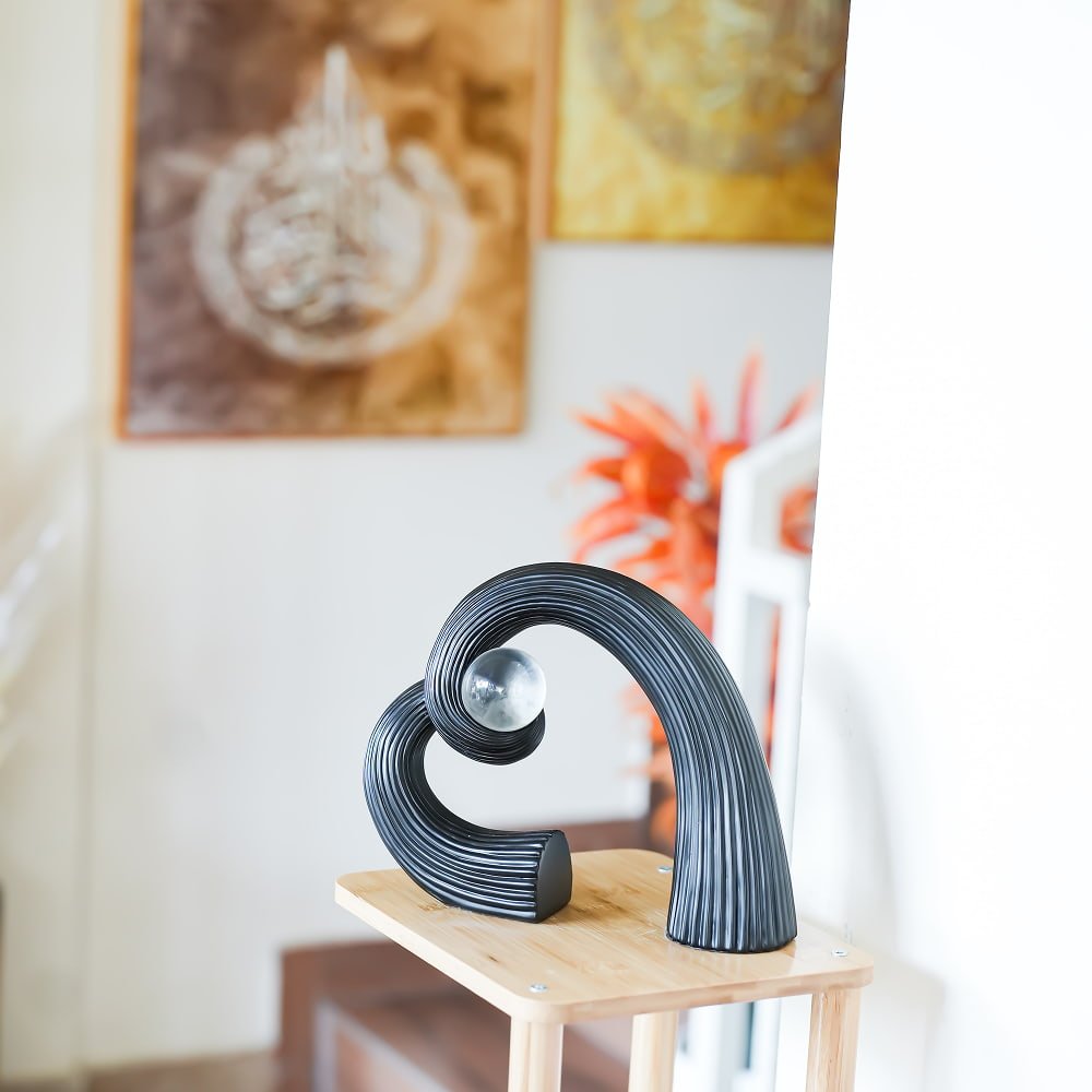 Modern Abstract Heart Sculpture with Crystal Sphere Ornament | Contemporary Matte Black & White Tabletop Decor - Image 6