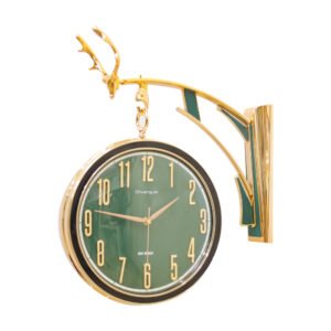 Ornate Double-Faced Station Wall Clock with Antler Hanger and Emerald Green Dial | Contemporary Dual-Sided Hanging Clock for Living Room, Hallway & Office
