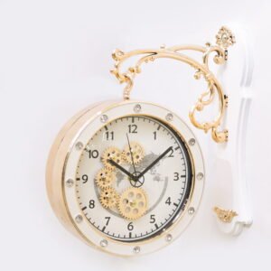 Modern Steampunk Double-Faced Station Wall Clock with White Mount and Exposed Gear Dial | Contemporary Dual-Sided Hanging Clock for Living Room, Office & Hallway
