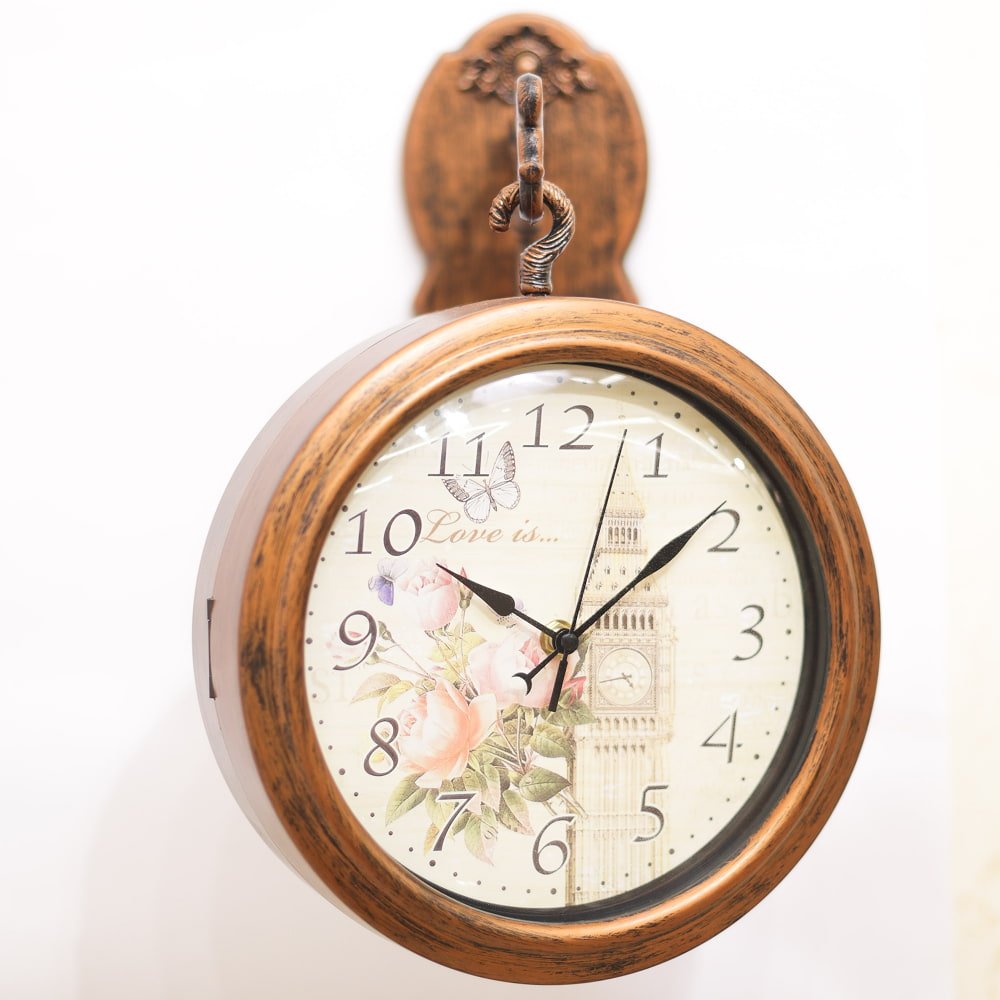 Vintage Double-Faced Station Wall Clock with Antique Bronze Finish and Floral Dial | Classic Dual-Sided Hanging Clock for Living Room, Office & Hallway - Image 3