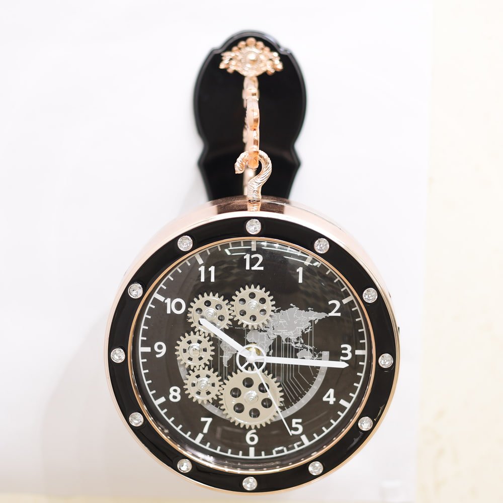 Industrial Steampunk Double-Faced Station Wall Clock with Rhinestone Bezel and Gear Dial | Modern Dual-Sided Hanging Clock for Living Room, Office & Studio - Image 3