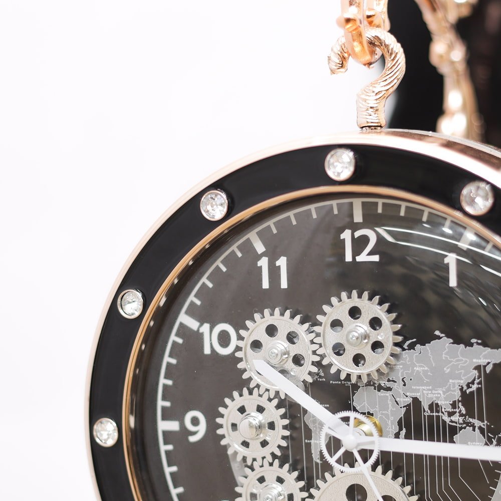 Industrial Steampunk Double-Faced Station Wall Clock with Rhinestone Bezel and Gear Dial | Modern Dual-Sided Hanging Clock for Living Room, Office & Studio - Image 4