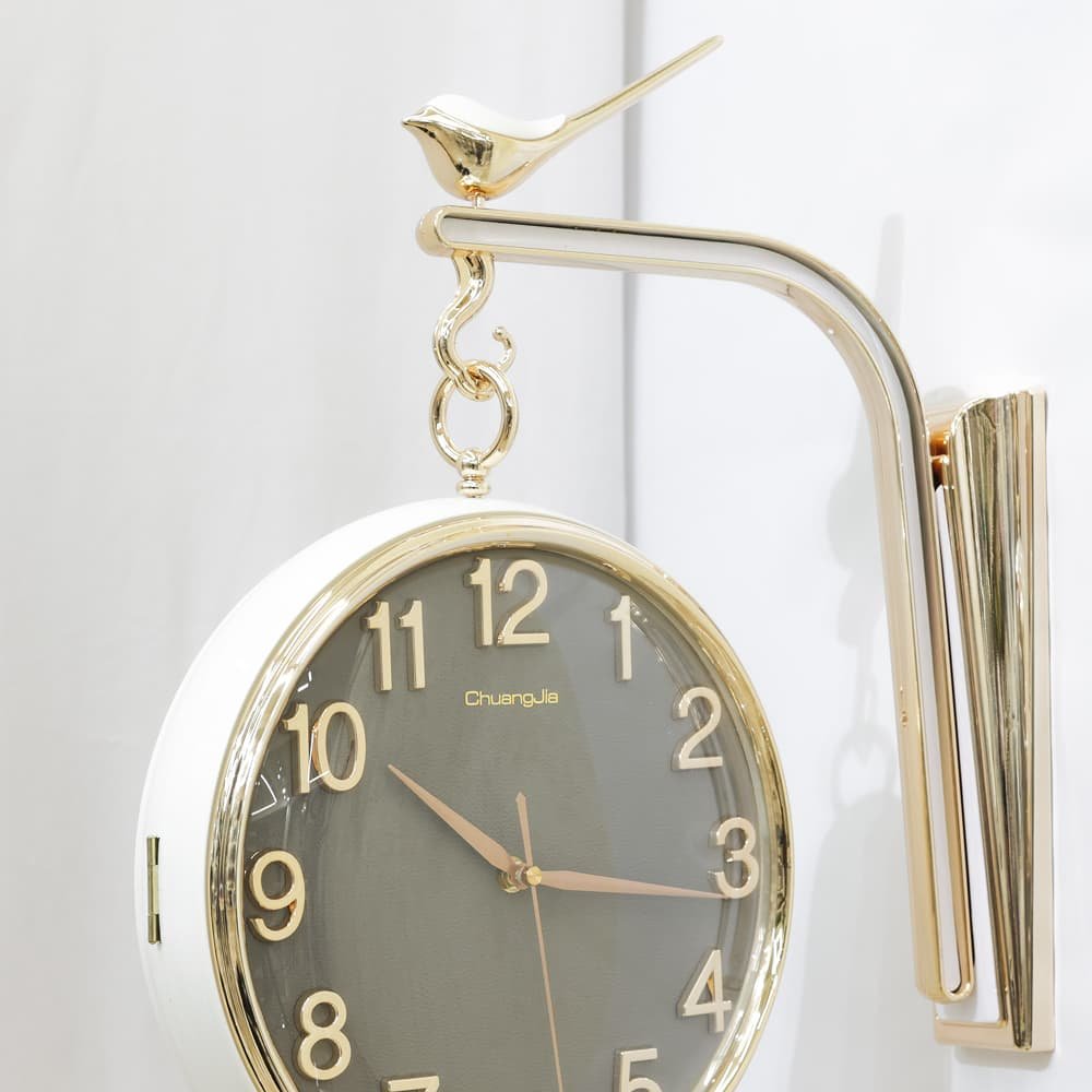 Antique-Finish Double-Sided Station Clock with Perched Bird Bracket | Classic Dual-Face Hanging Clock for Living Room, Hallway & Office - Image 3
