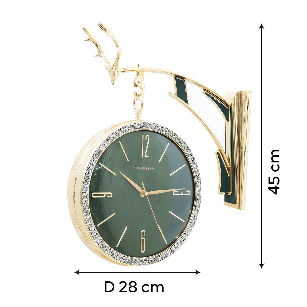 Emerald-Face Double-Faced Station Clock with Majestic Antler Bracket | Classic Dual-Sided Hanging Clock for Living Room, Hallway & Office - Image 4