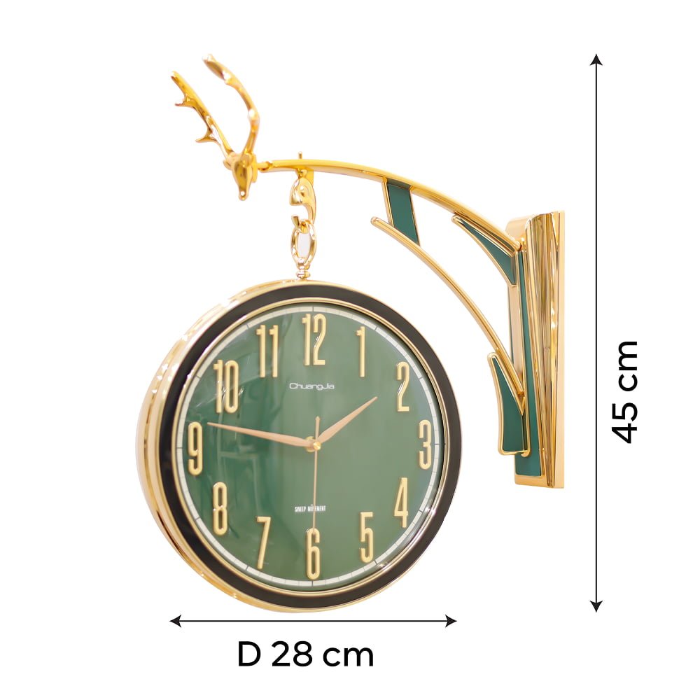 Ornate Double-Faced Station Wall Clock with Antler Hanger and Emerald Green Dial | Contemporary Dual-Sided Hanging Clock for Living Room, Hallway & Office - Image 4