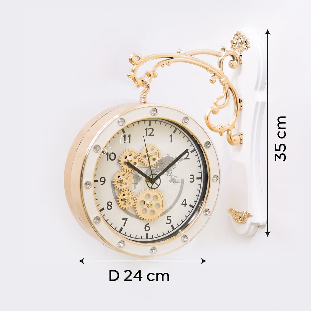 Modern Steampunk Double-Faced Station Wall Clock with White Mount and Exposed Gear Dial | Contemporary Dual-Sided Hanging Clock for Living Room, Office & Hallway - Image 4