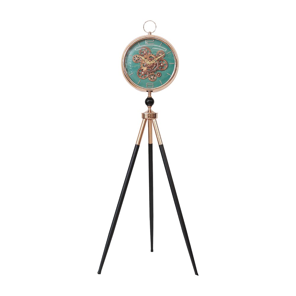 Industrial Gear-Movement Tripod Clock | Modern Teal and Metallic Floor Accent